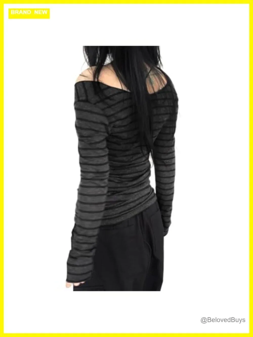 Y2K Striped Long Sleeve Fitted Off Shoulder Grunge Top